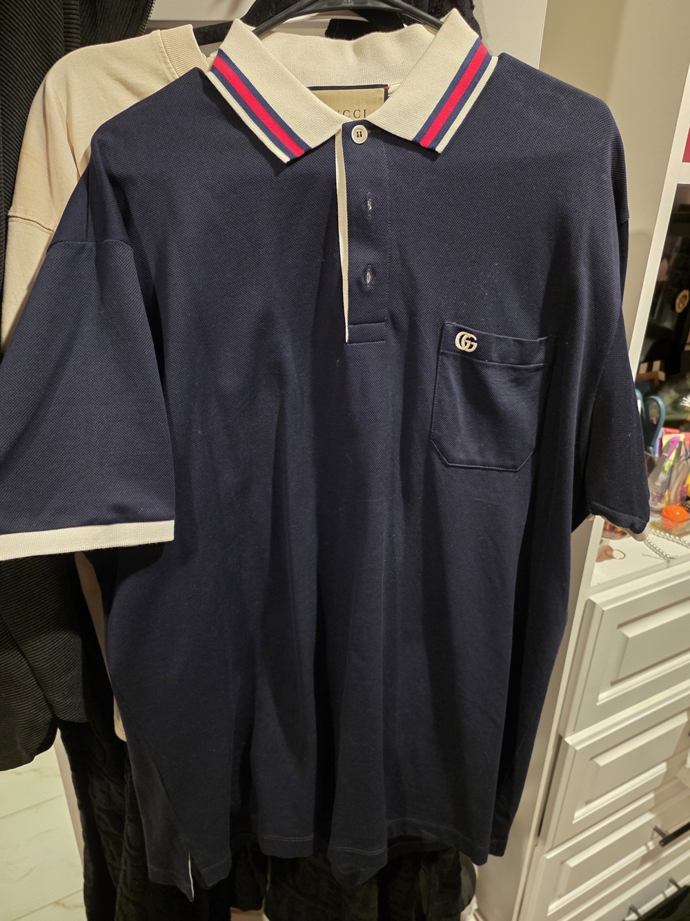 Two (2) Gucci Navy Polo with Cream Collar and Red-Blue Stripe Bundle 2xl
